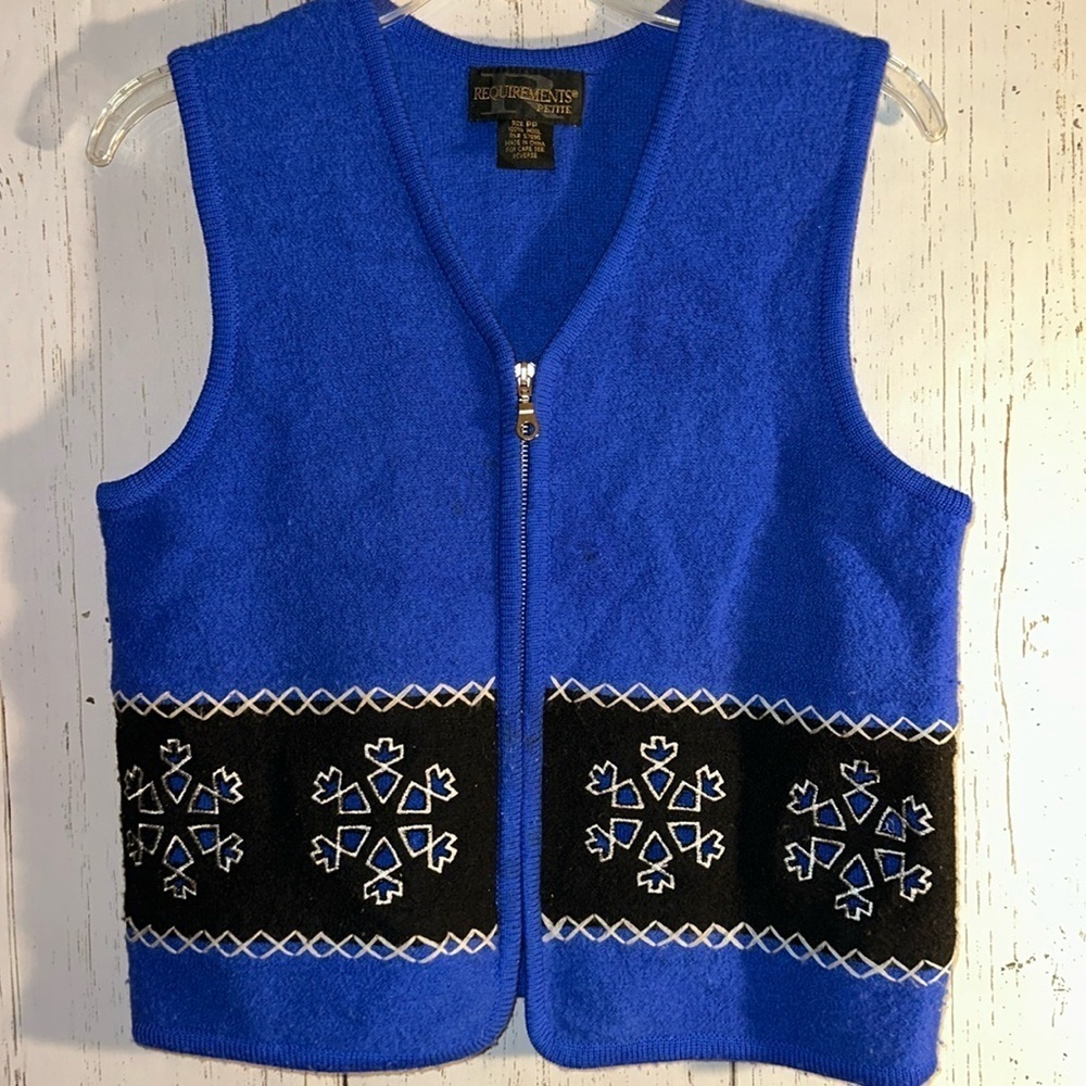 Requirements Blue 100% Wool Winter Snowflake Zip Up Vest Size Petite Plus